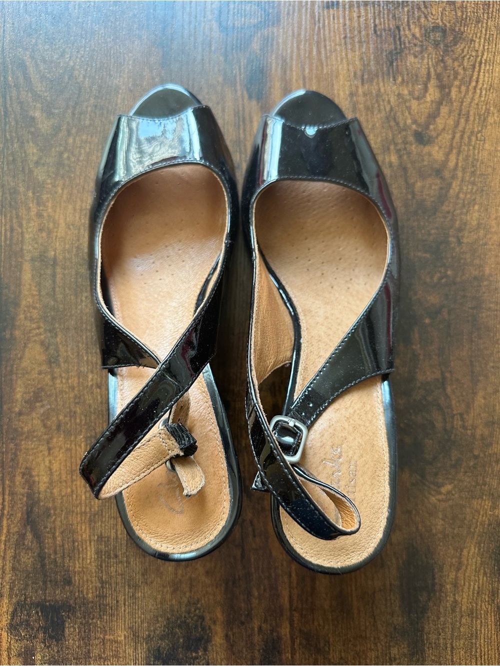 Clarks Black Patent Leather Adjustable Strap Peep-Toe Sandals